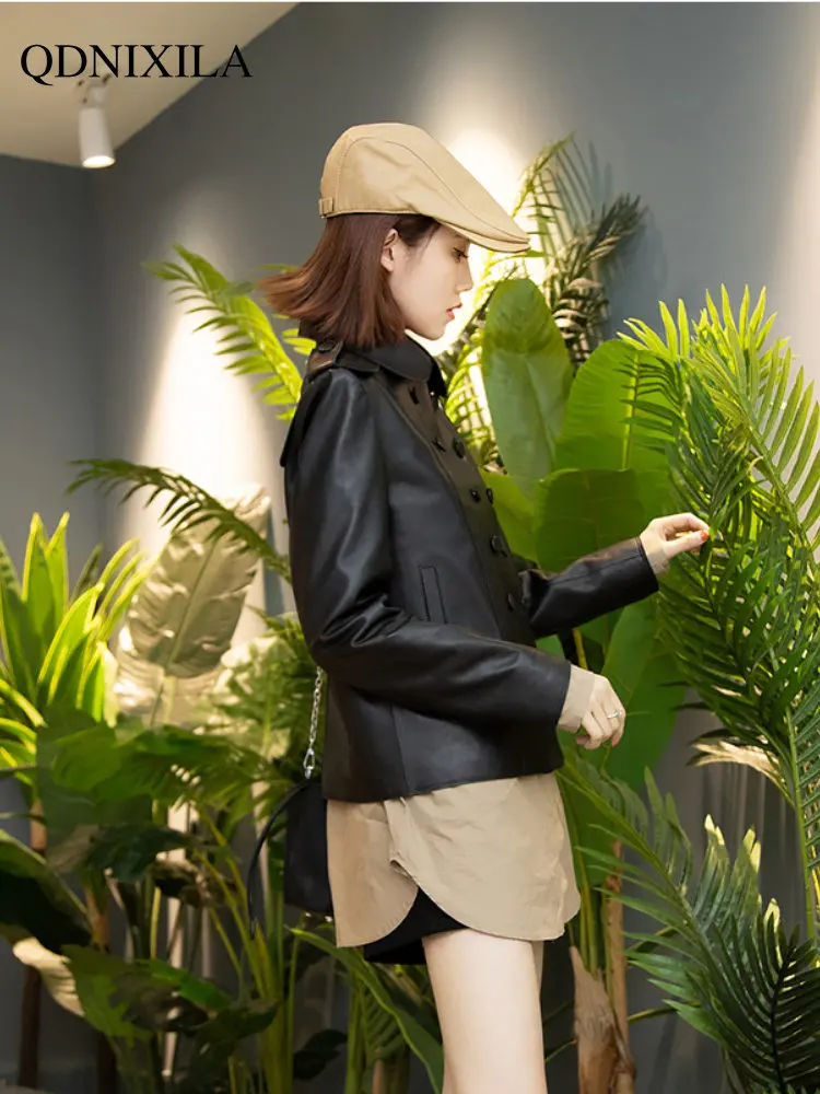 Sheepskin Coat for Women New Outerwear Double-breasted Leather Jacket Women High-end Fashion Slimming Motorcycle Jacket Woman