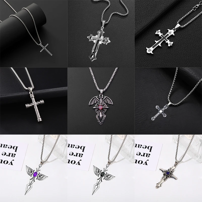 

Fashion Cross Pendant Necklace Women Men Stainless Steel Link Chain Charm Necklace Cool Boys Girls Punk Hip Hop Jewelry Gift