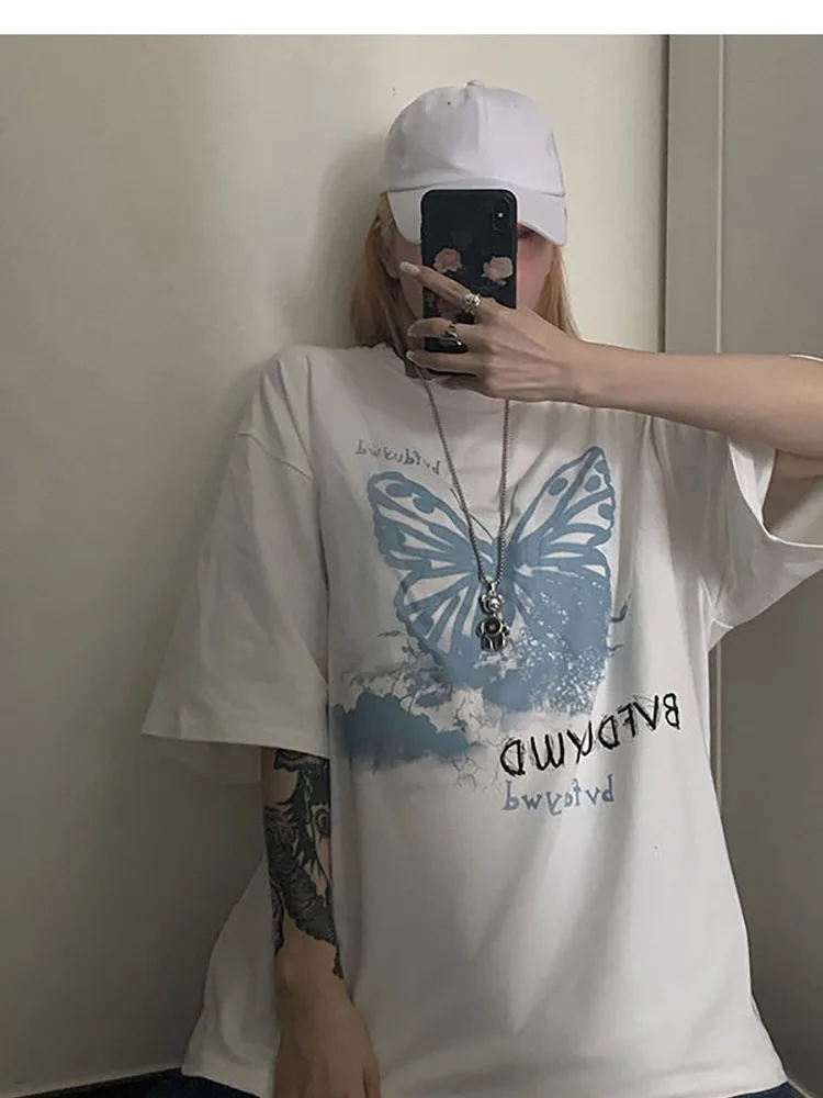 Женская футболка с принтом бабочки винтажная свободная в Корейском стиле