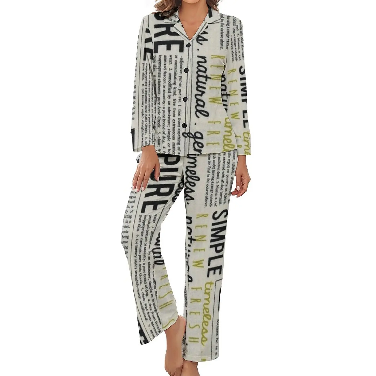 

Retro Newspaper Pajamas Long Sleeve Black Letter Print Two Piece Night Pajama Sets Spring Lady V Neck Lovely Nightwear