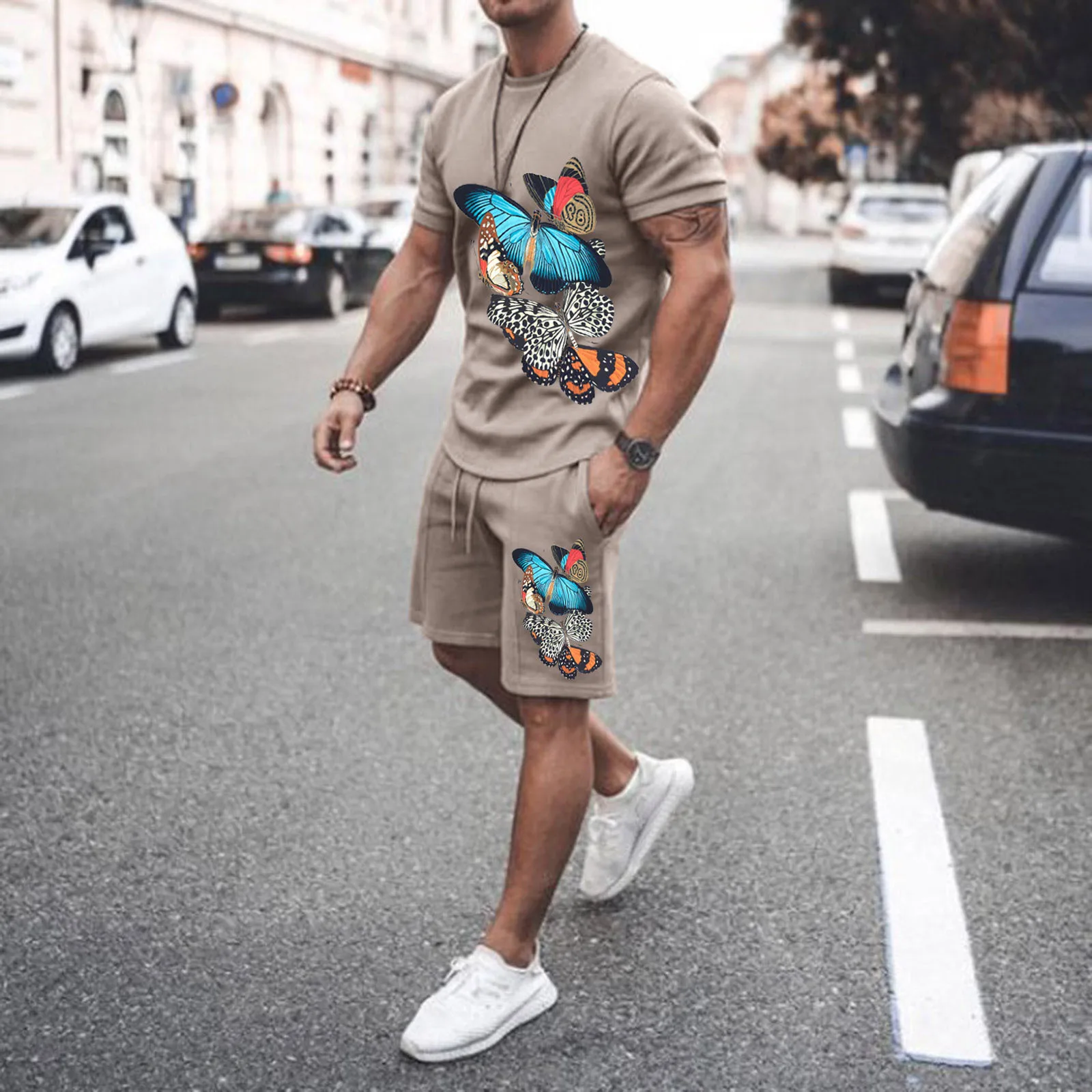

Men Suit Butterfly Print Round Neck Straight Short Sleeve Pullover T-shirt Top Tie Waist Shorts Spring and Summer Two-piece Set
