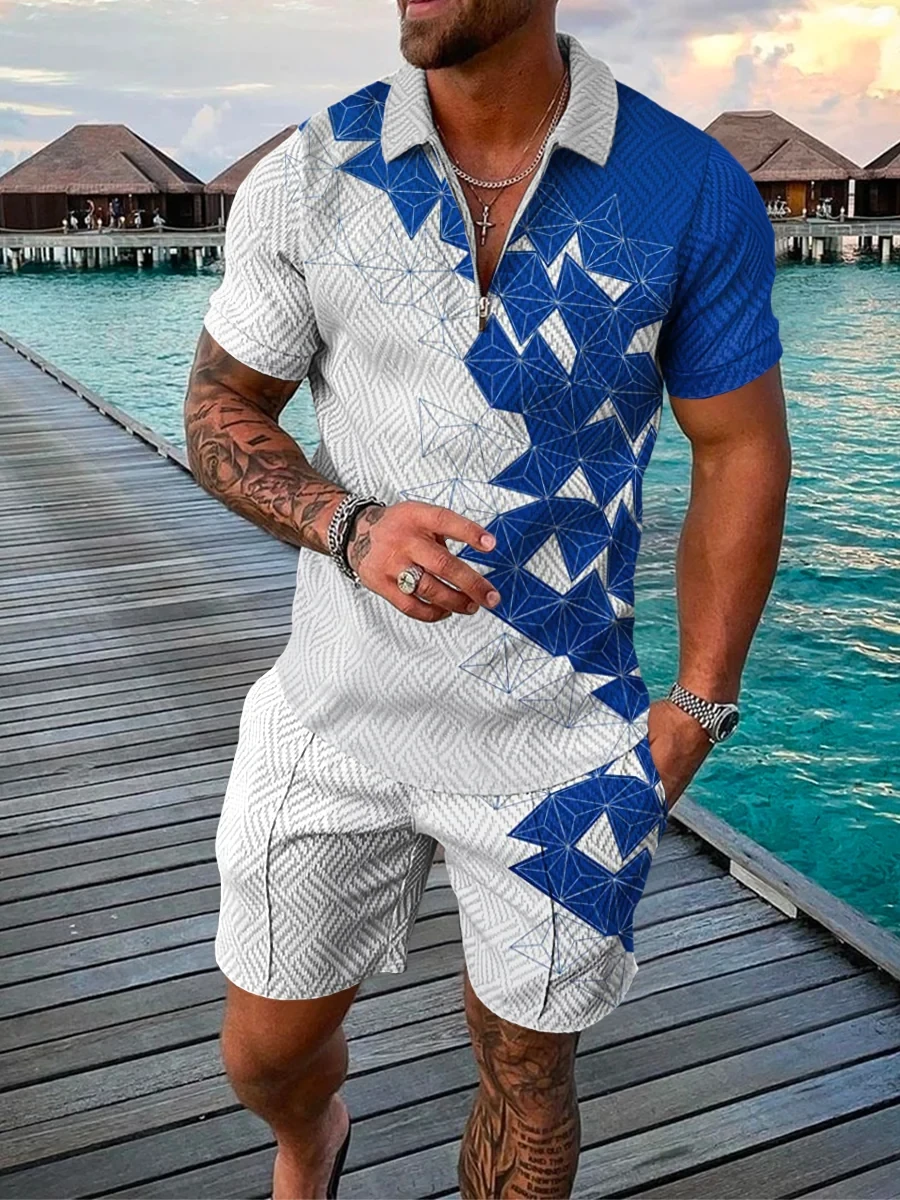2023 Summer Men's Polo Suit Starry Skies 3D Printed Street Short Sleeved Zipper T-shirts Shorts Two-piece Set Men Clothes