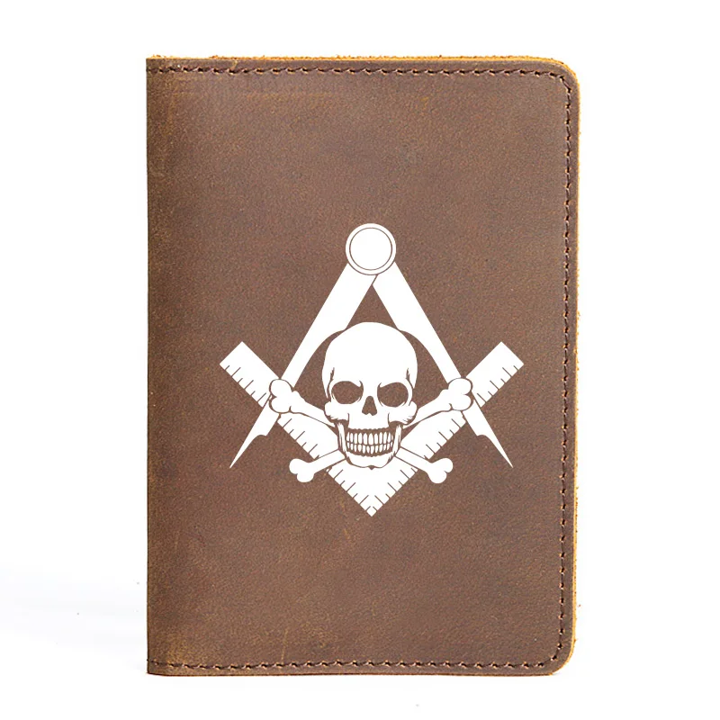 Genuine Leather Passport Cover White Freemasonry Skull Skeleton Vintage Slim ID Card Holder Pocket Case Travel Wallet BX1000