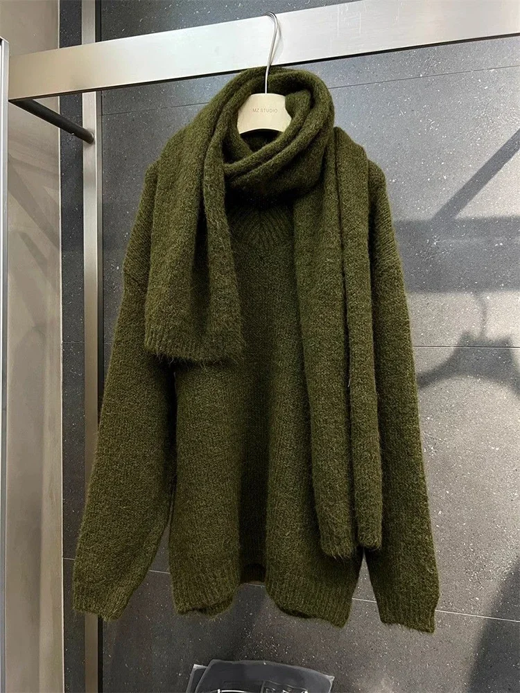 Модный серый кашемировый свитер с шарфом и воротником женский элегантный