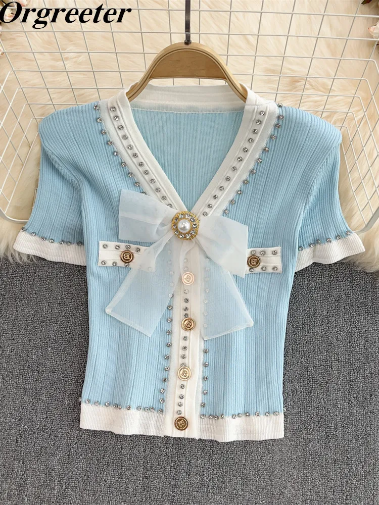 Suéter de manga corta con cuello en V para mujer, Rebeca de punto con decoración de cuentas de lujo, Tops para mujer, novedad de verano
