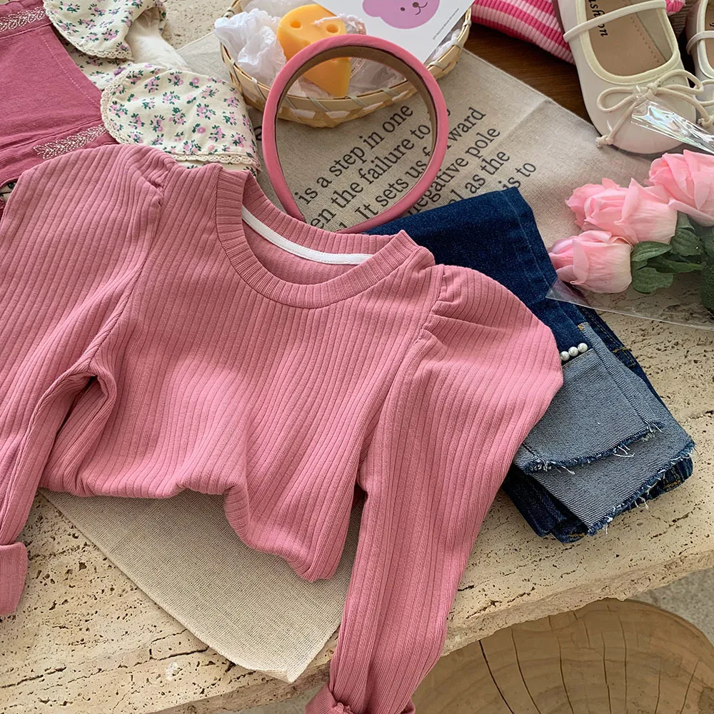 

2022 Shirts Puff Sleeve O-neck Collar Pullover Solid Sweet Casual Lovely Cute Fashion Comfortable Cotton Autumn Children Girls