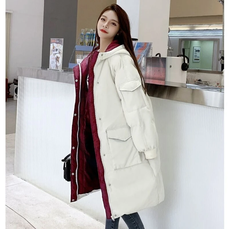 Winter Jacket Women 2023 New Hooded Solid Thick Warm Long Cotton Coats Female Clothing Loose Padded Parkas Office Lady Tops