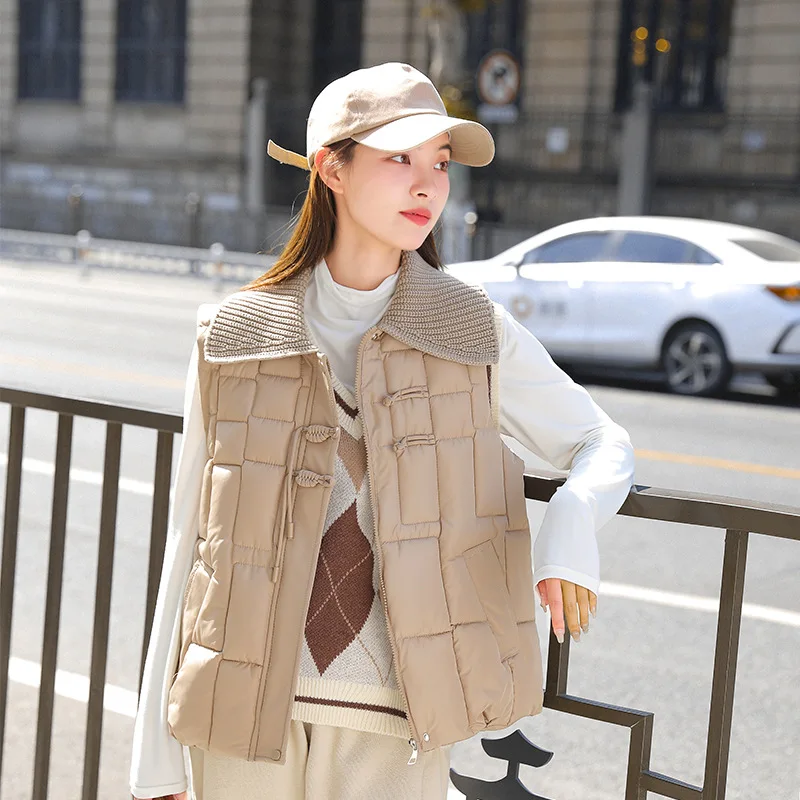 

PinkyIsBlack Loose Women's Sleeveless Winter Vest Jackets Knitted Spliced Turn Down Collar Ladies Korean Waistcoat for Female