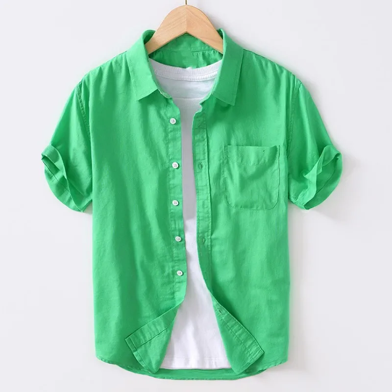 

Рубашка мужская с коротким рукавом, хлопок и лен, удобная Пляжная одежда с отложным воротником и передним карманом, лето