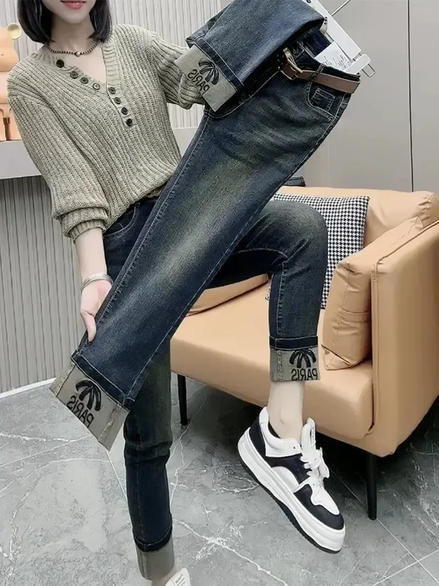 Джинсы Y2k с флисом утолщенные эластичные дымчатые женские джинсы новинка 2023