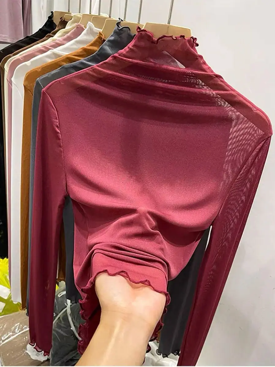 Женская тонкая рубашка с высоким воротником дышащая легкопрозрачная Сетчатая