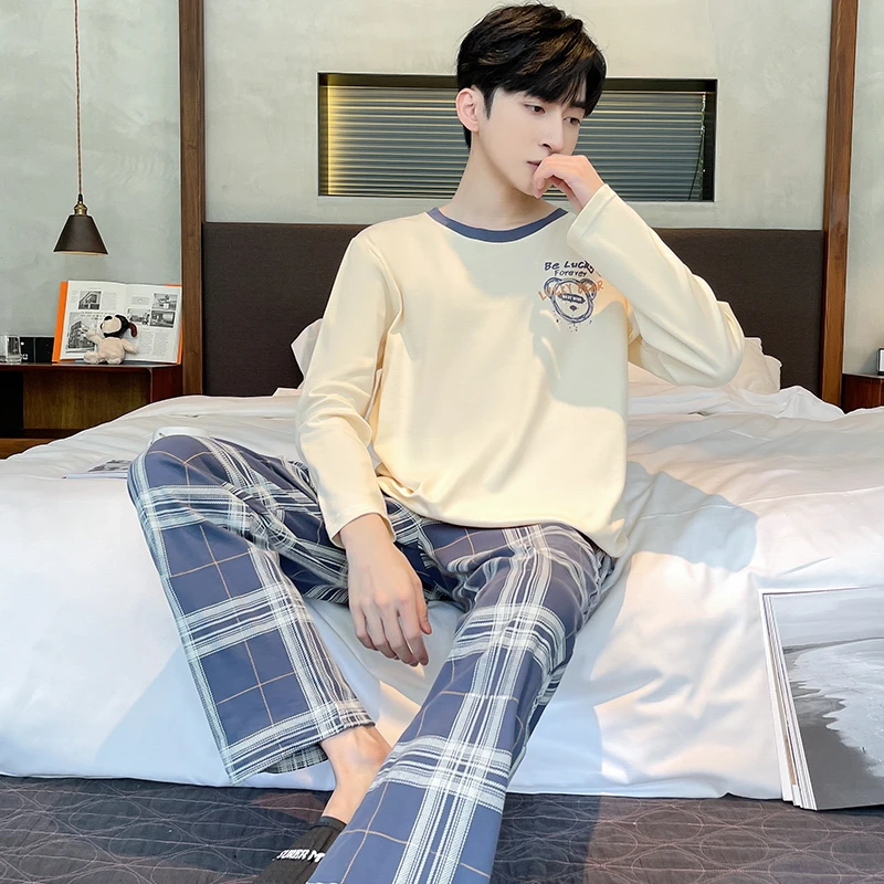 CAIYIER Winter L-5XL Men Pajamas Set Long Sleeve Top Pants Casual Sleepwear Soft Cute Bear Male Nightwear Big Size Homewear