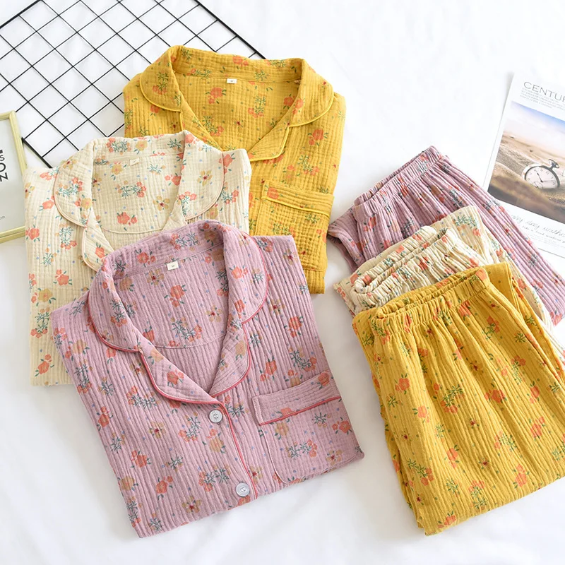 Spring Autumn Floral Print Ladies Pajama Set Crepe Cotton Soft Pyjamas Turm-down Collar Home Suit Women's Pajamas Set For Sleep