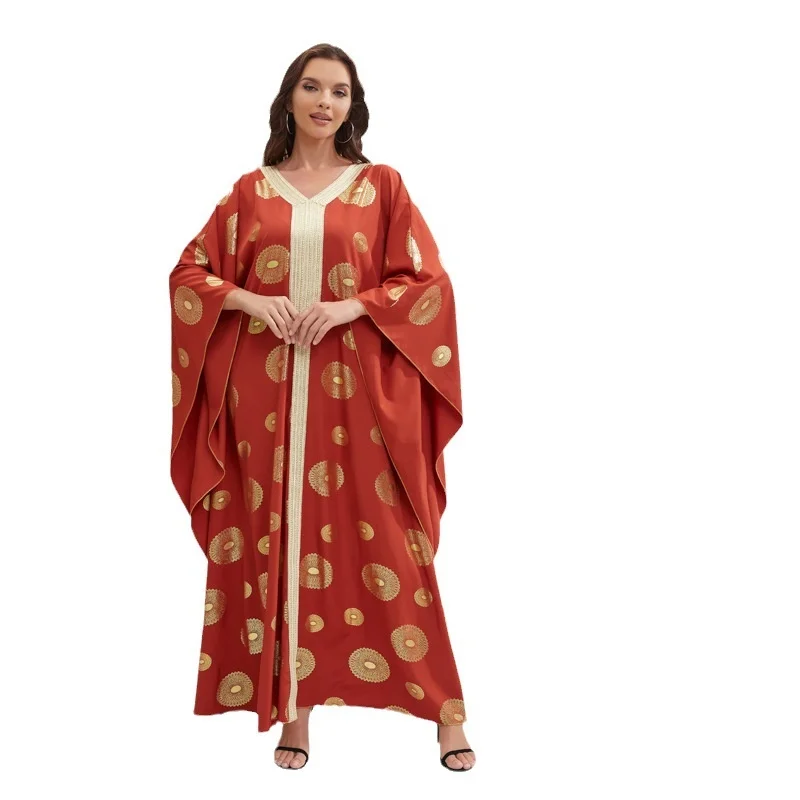 Abaya For Women Bat Sleeves New Printed Dress For Women In Summer Loose Fitting Casual V-neck Rock Stage Long Skirt Dress