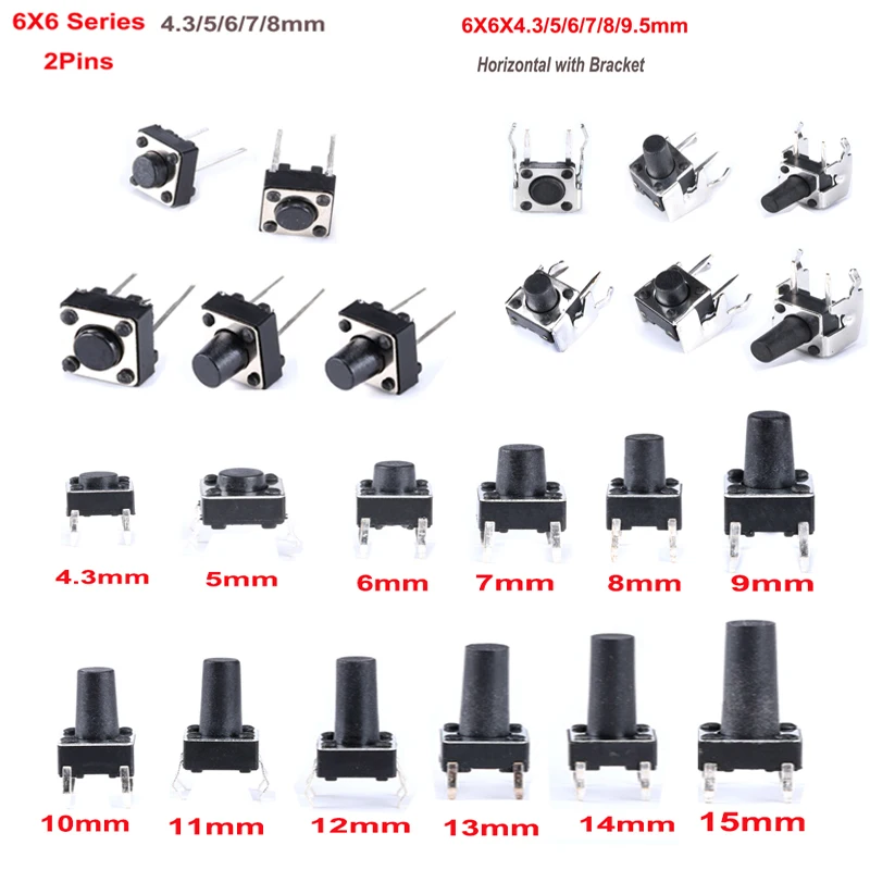 Тактовый выключатель серии 6X6, 50 шт., 6*6*4,3/5/6/7/8/9/10 мм, контакты 2/4 футов, горизонтальный кронштейн, кнопочный переключатель DIP PCB Micro/key Switch