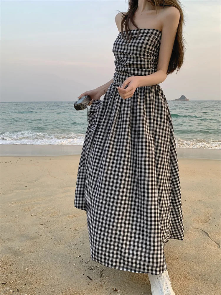 

Женское платье-макси с открытыми плечами, длинное облегающее платье средней длины в клетку, y2k, летняя одежда, корейская мода, 2023