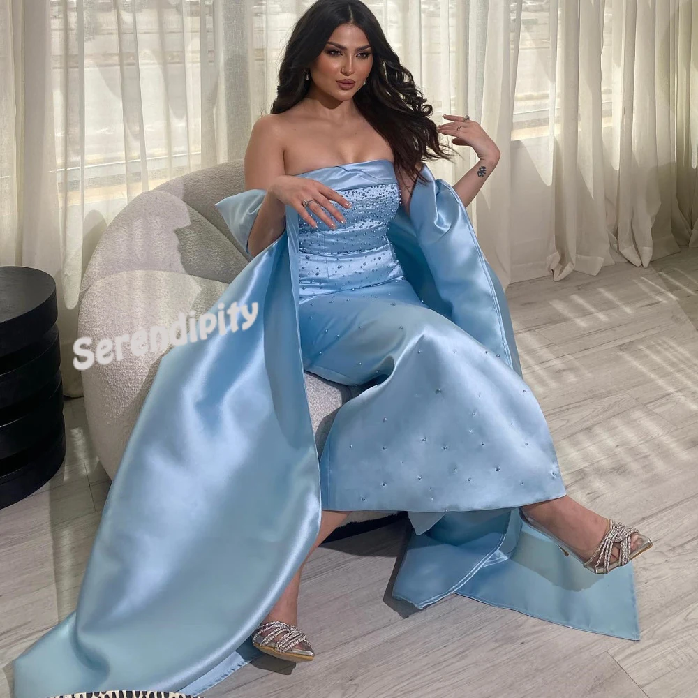 

Платье вечернее атласное до щиколотки, без бретелек, с бисером