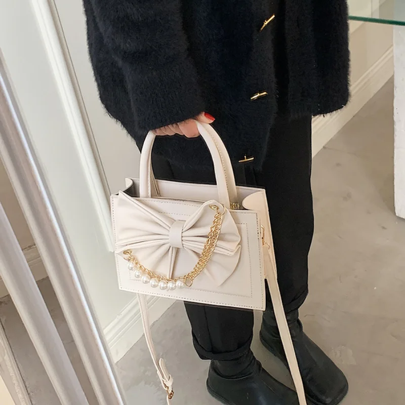 Luxury Design Women Square Shoulder Bags Pearl Chain Ladies Bowknot Clutch Purse Handbags Female Red Small Tote Crossbody Bag