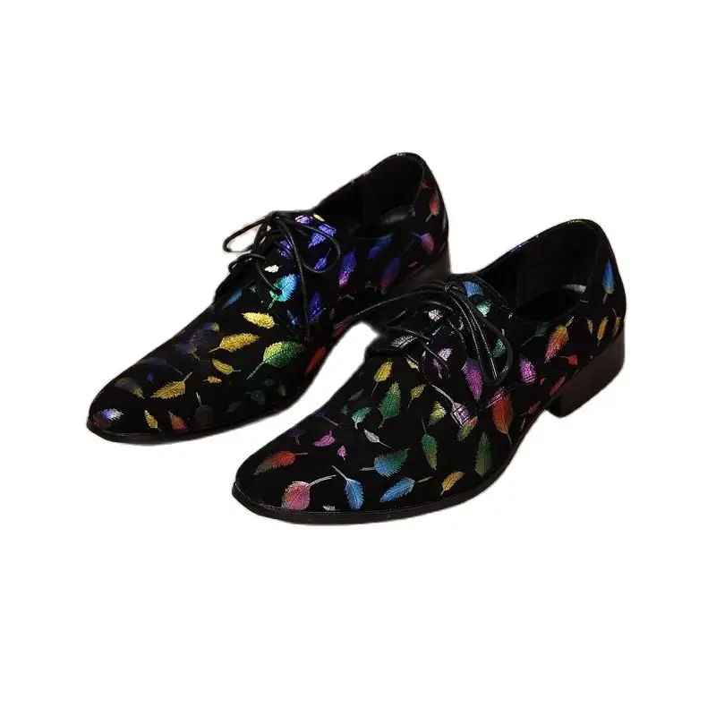 

Fashion Print Leather Derby Casual Shoes Men Pointed Toe Lace Up Business Party Shoes Mens Nightclub Bar Career Work Shoes 37-46