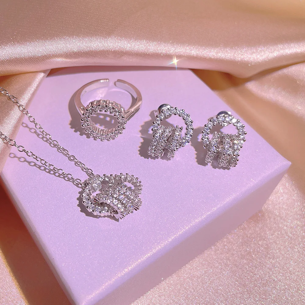 

Elegant Geometric 925 Sterling Silver Jewelry Set Bling AAAAA Zircon Inlaid Female Exquisite Fashion Ring Earring Necklace