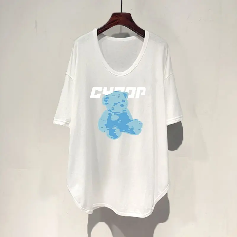 Летние свободные асимметричные футболки с коротким рукавом и принтом простые