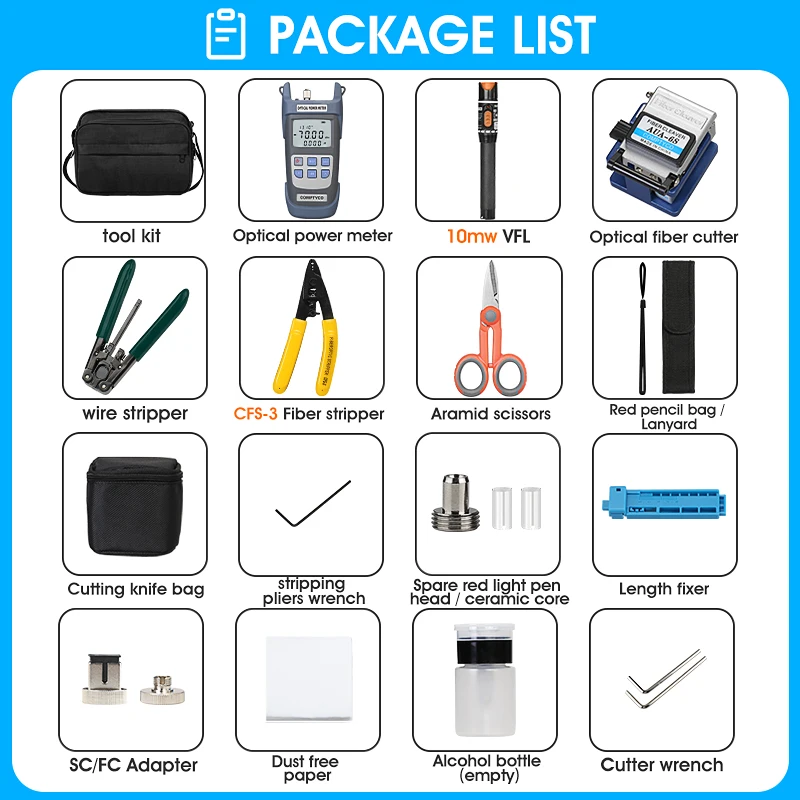 FTTH Fiber Optic Cold Splicing Kit Set AUA-6S Cutting Knife Red Light Pen Optical Power Meter Three-Mouth Nomiller Pliers