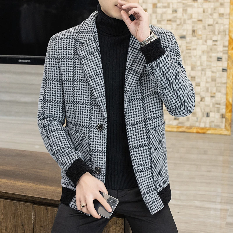 2022 Winter Lapel Plaid Wool Blends Jackets Men Casual Business Short Trench Coat Social Streetwear Slim Overcoat Men Clothing