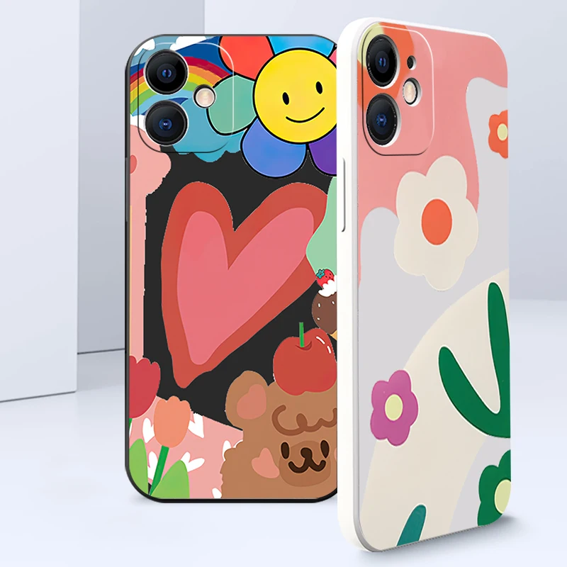 

INS Color Flowers Phone Cases For iPhone 11 12 13 Mini Pro X XR XS Max 8 7 6s 6 Plus Liquid Silicone Funda Couqe Capas