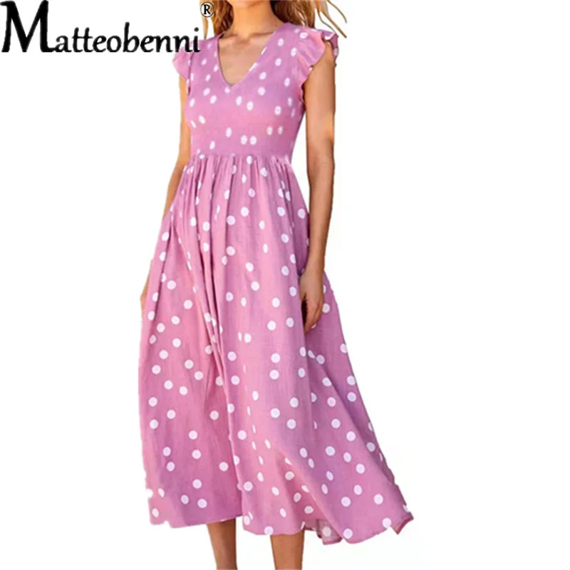 Купи Ladies Spring Summer Polka Dot Print Elegant Dress Women 2022 New Casual Waist Wide Swing V Neck Ruffle Short Sleeve Maxi Dress за 781 рублей в магазине AliExpress