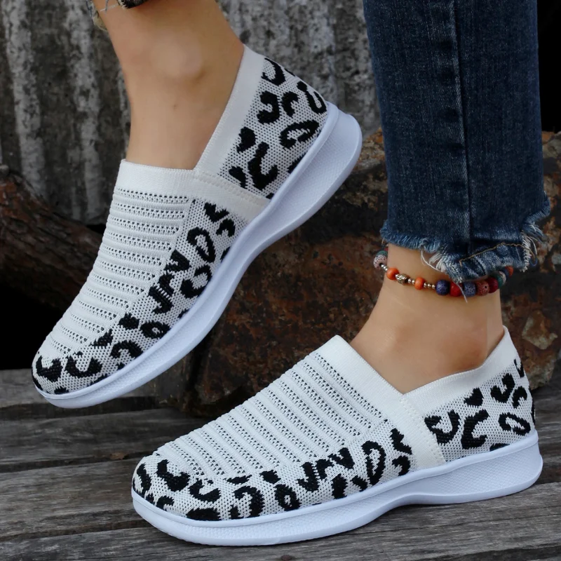 Women's Leopard Slip-on Sneakers Autumn 2023 New Mesh Breathable Female Low-heeled Flat Sport Shoes Ladies Walking Daily Sneaker