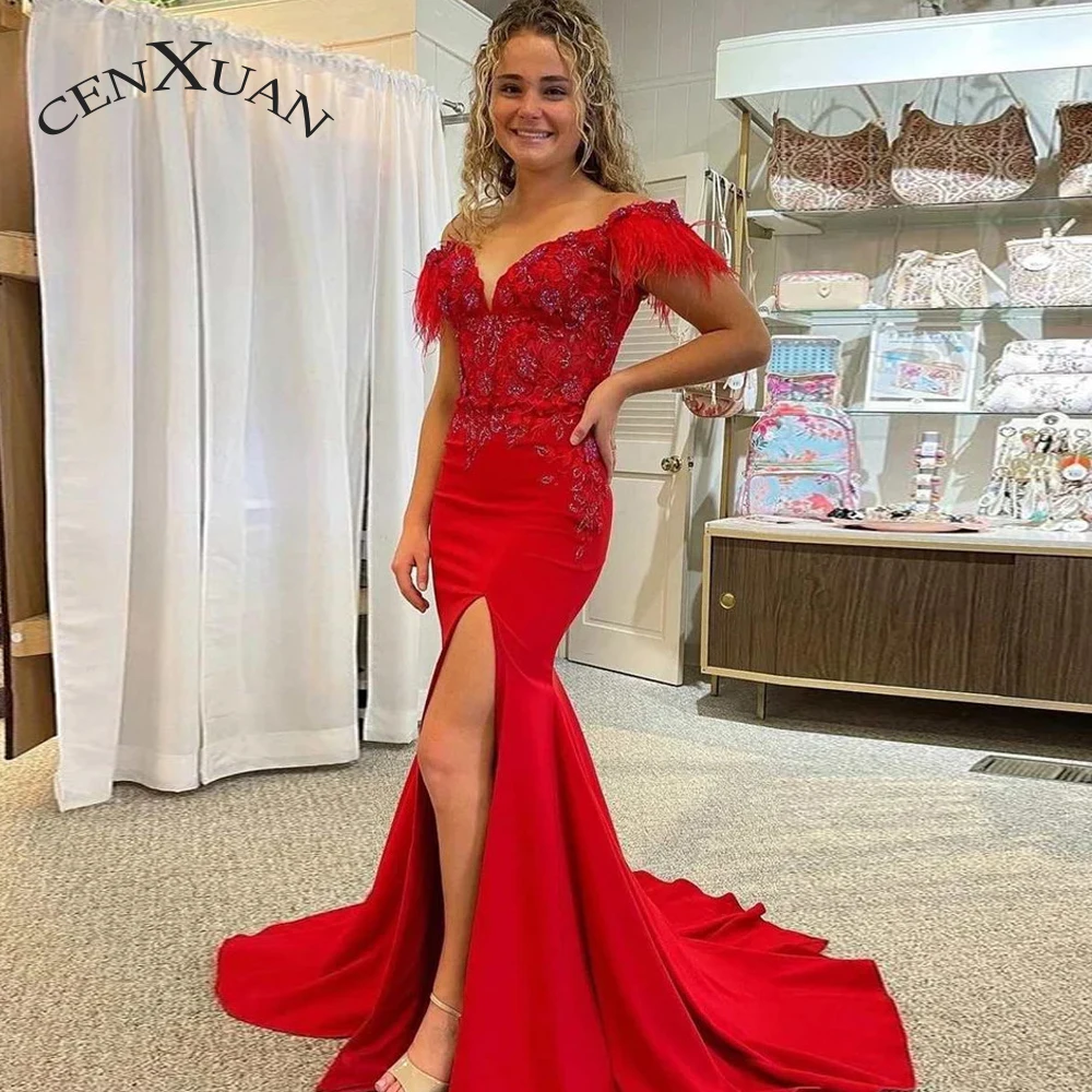 

CENXUAN Fashionable Slit Formal Occasion Dresses Feather Lace Appliques Off the Shoulder Sequined Trumpet Abendkleid Custom Made