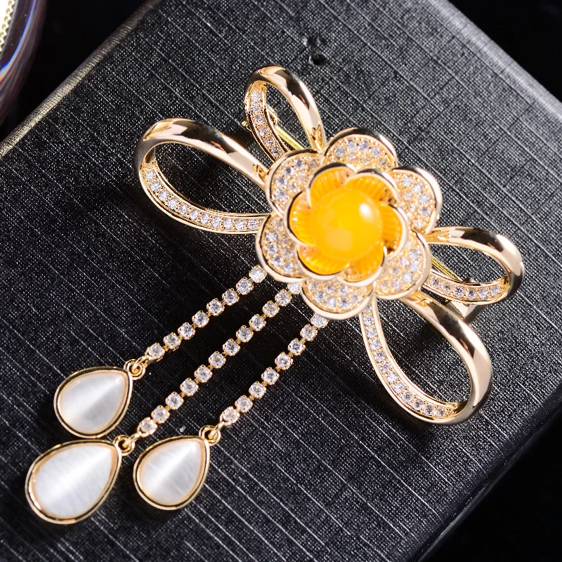 Медная инкрустированная цирконием Элегантная Брошь-бант в китайском стиле с