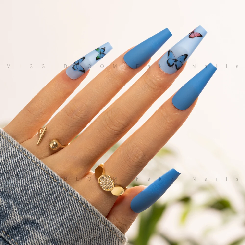 

24 Pack Butterfly Full Coverage Reusable Press Fake Nails Long Coffin Wearable Acrylic Fake Nails