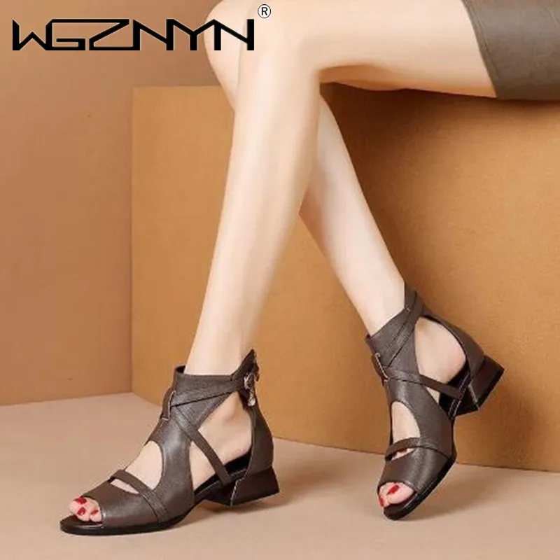 

Сандалии женские из натуральной кожи с открытым носком, Босоножки с открытым носком, римские сандалии в ретро стиле, обувь на среднем каблук...