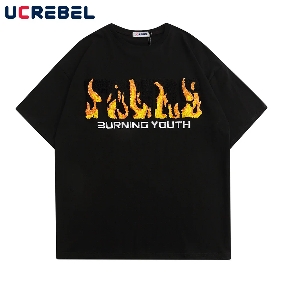 

Flame Letter Embroidery Short Sleeve T-shirt Mens Simple Loose Cotton Tee Summer Basic Dome Half-Sleeve Top Men