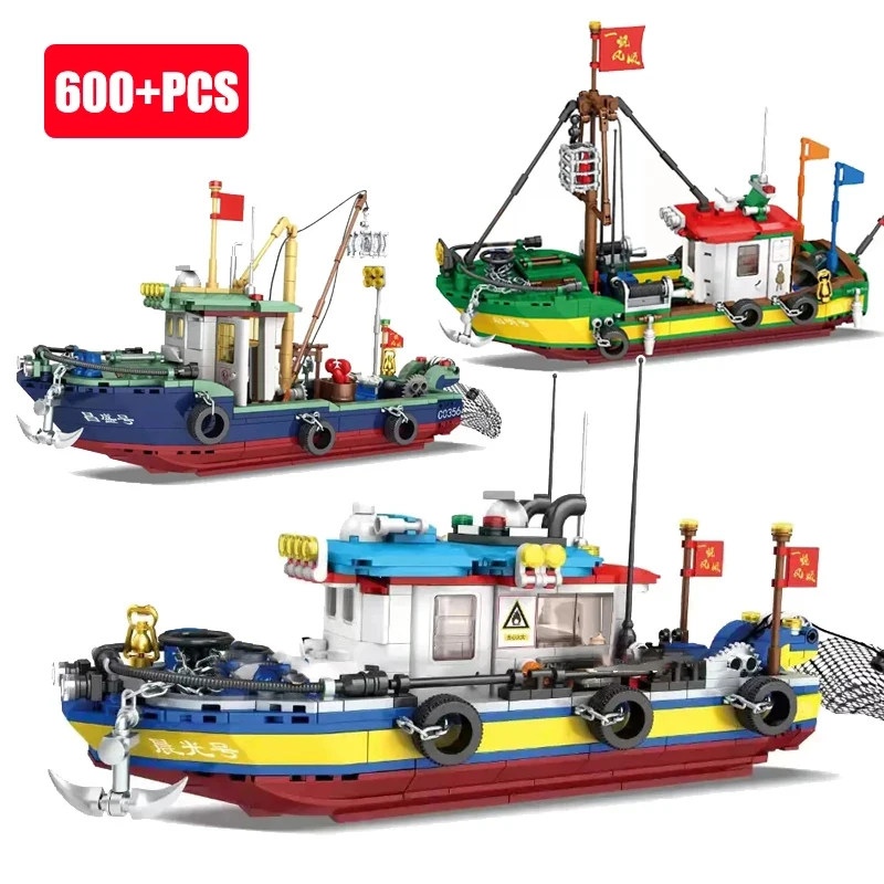 

City Fishing Boat Vessel Trawlboat Building Blocks Model Pirate Ship Sea Fisher Figures MOC Toys for Children Kids Birthday Gift