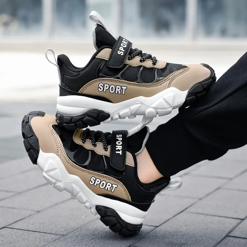 Children PU Breathable Sneakers 2022 Boys Girls Running Outdoor Sneakers Breathable Soft Bottom Kids Lace-up Jogging Shoes