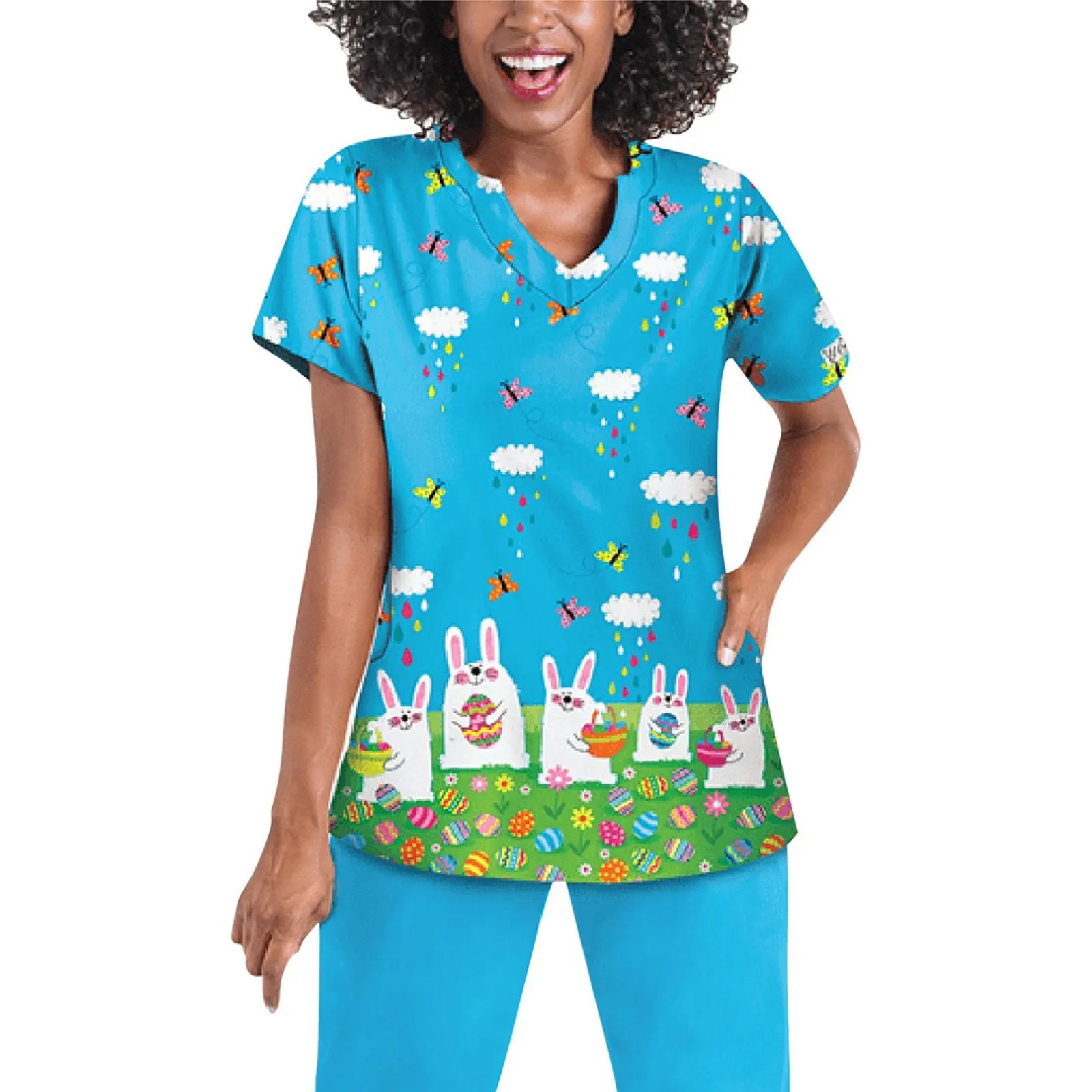 

Easter Day T Shirt Women Short Sleeve V Neck Flower Pattern Top Nursing Working Uniform T-shirts Uniforme Enfermera Mujer