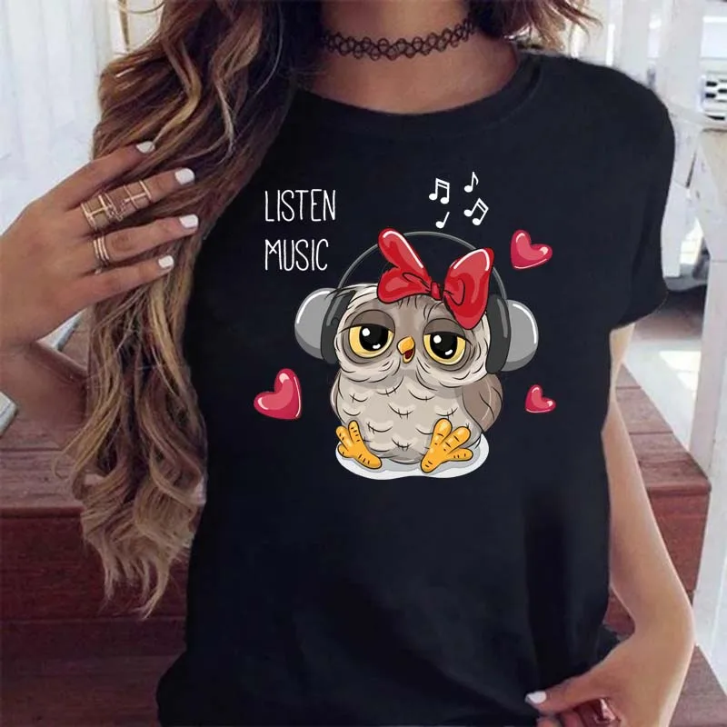 

Футболка женская с принтом Совы и коротким рукавом, модная повседневная рубашка в стиле Харадзюку, черный топ, одежда