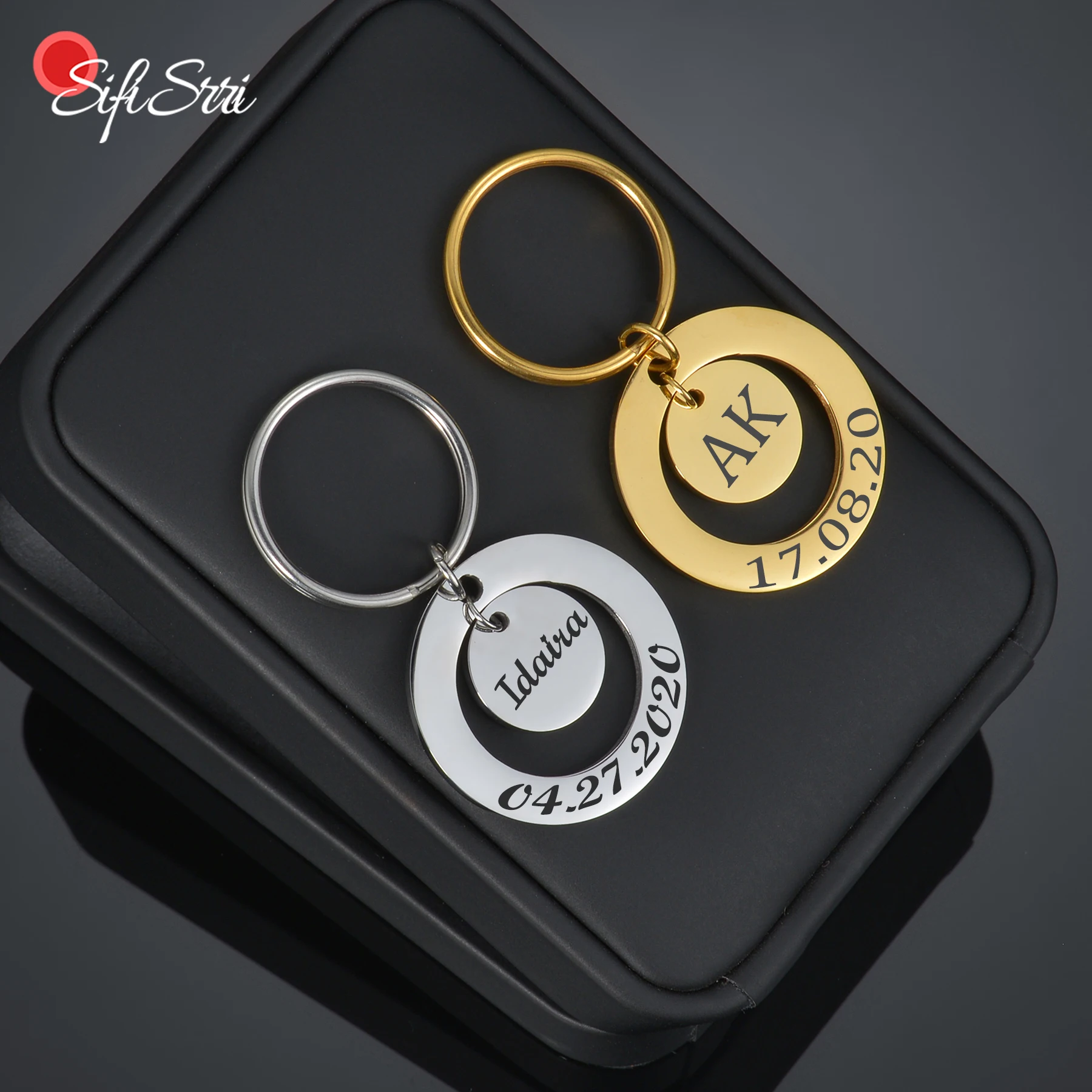 

Sifisrri Personalized Custom Keychains For Women Stainless Steel Engraved Name Date Round Keyrings Kids Family Jewerly Gifts