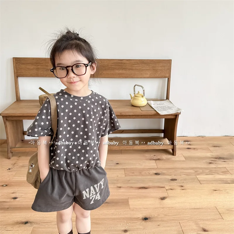 

2023 Summer New Baby Clothes Girl Children Dots Short Sleeve T-shirt Set Kid Thin Cotton Casual Tops + Letter Print Short 2pcs