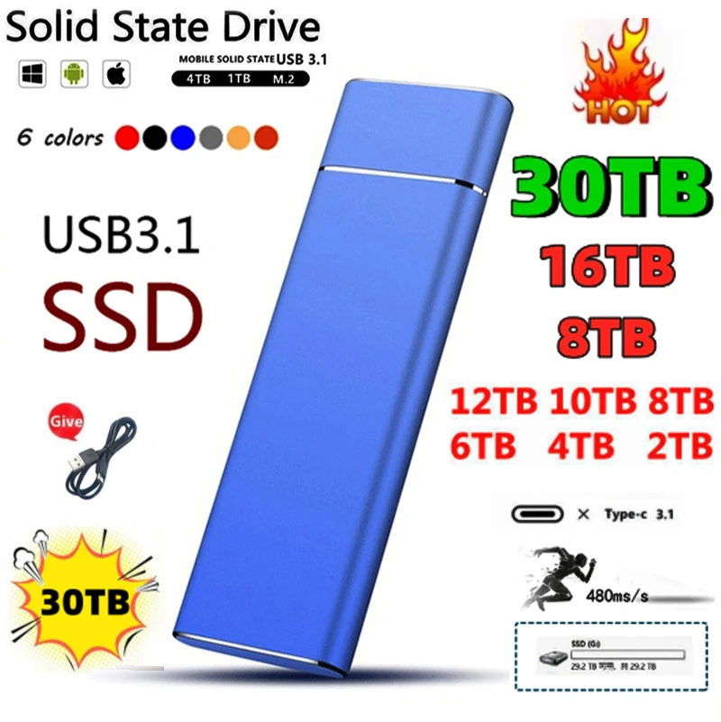 

Protable SSD 500GB 1TB High Speed M.2 SSD Type-C USB3.1 16TB 4TB 2TB 1TB External Solid State Drive Mobile Hard Drive for Laptop