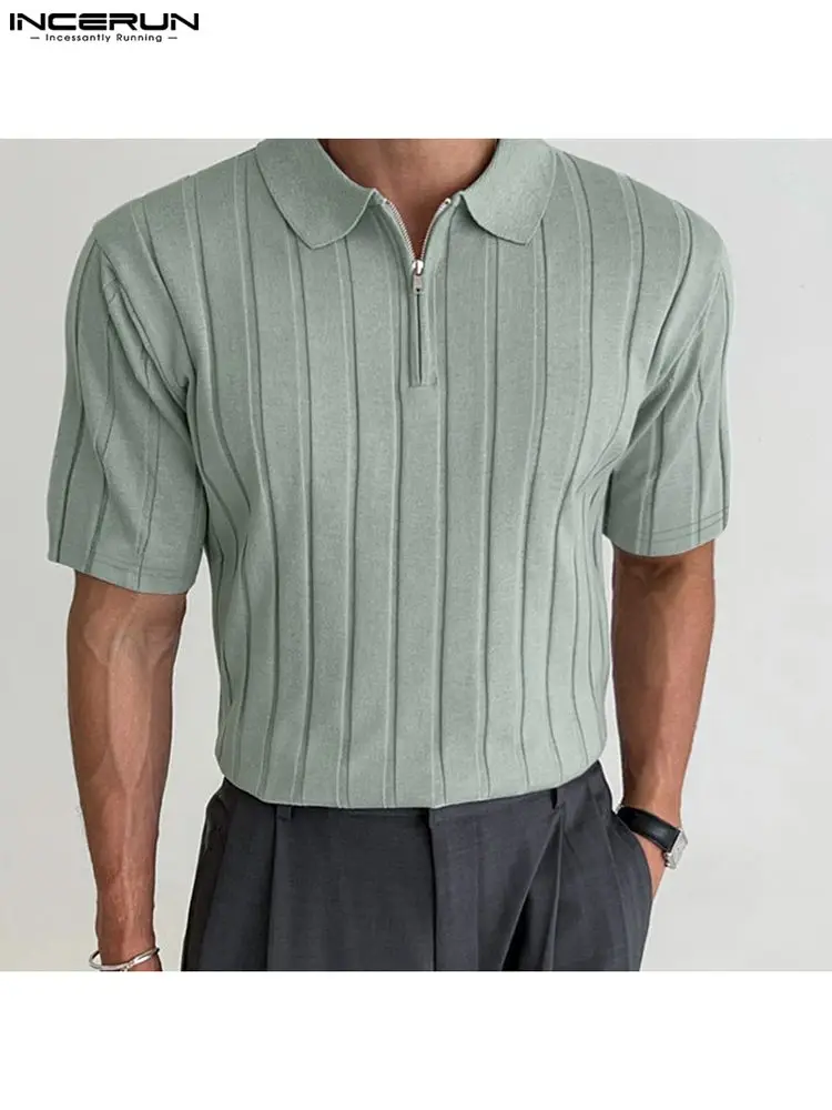 

INCERUN Men Shirt Lapel Short Sleeve Zipper Knitted Solid Men Clothing Streetwear Summer 2022 Breathable Casual Tee Tops S-5XL 7