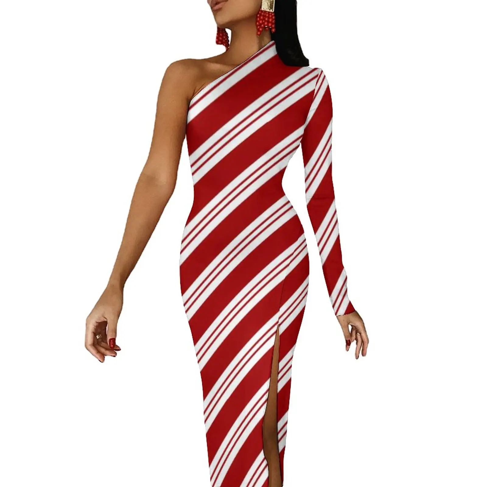 

Red Line Maxi Dress Long Sleeve Christmas Candy Cane Stripes Streetwear Bodycon Dresses Elegant Dress Woman Graphic Clothing