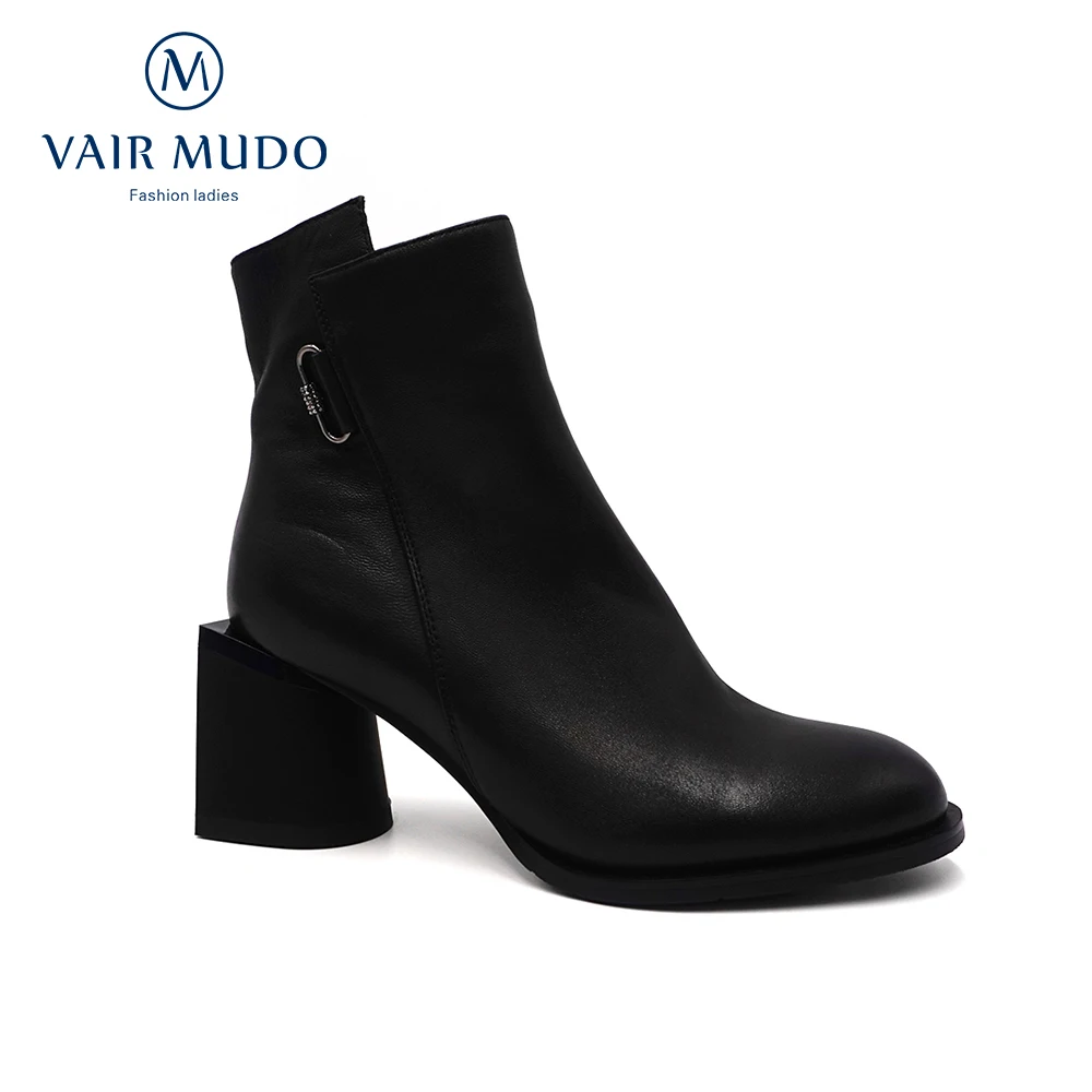 

VAIR MUDO Women Ankle Boots Genuine Leather Wool Winter Zipper Shoes Solid Rounded Toe Thick High Heels Elegant Fashion Footwear