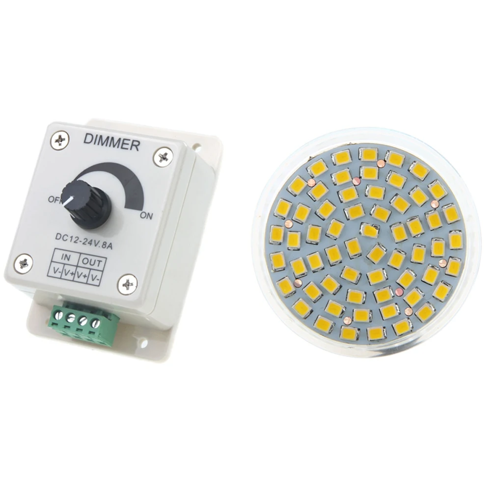 

1pcs MR16 GU5 3 60 LED 3528 SMD 3W SPOT LIGHT BULB Warm White 12V & 1pcs DC 12V-24V LED Dimmer Controller