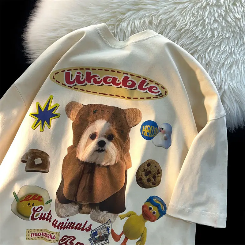 

Pure cotton American retro Korean version all match dog print short sleeved t-shirt female summer loose ins couple y2k clothes