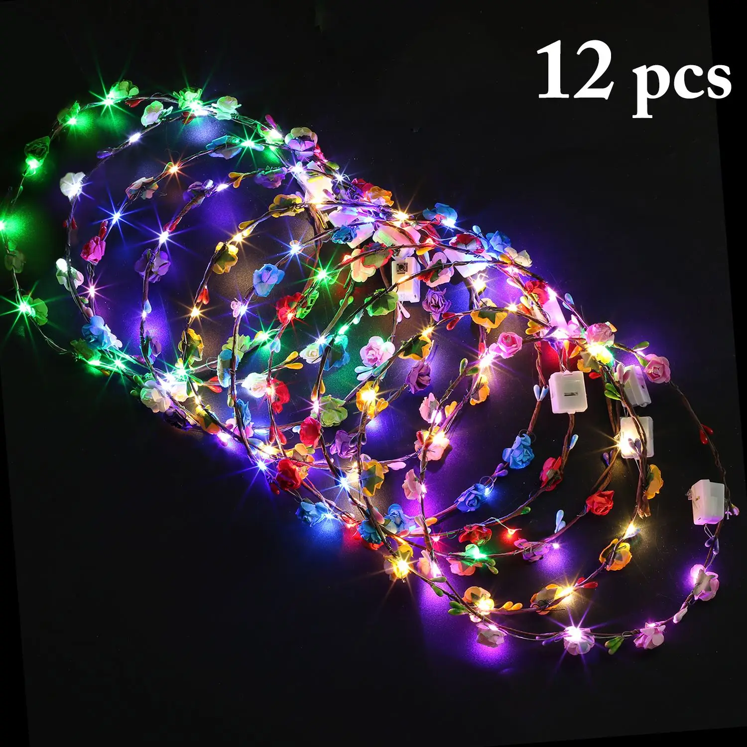 

12PCS Flower Wreath Luminous 10-LED Headpiece Garland Crown Flower Headband Glowing Wreath For Wedding Party Christmas Garlands