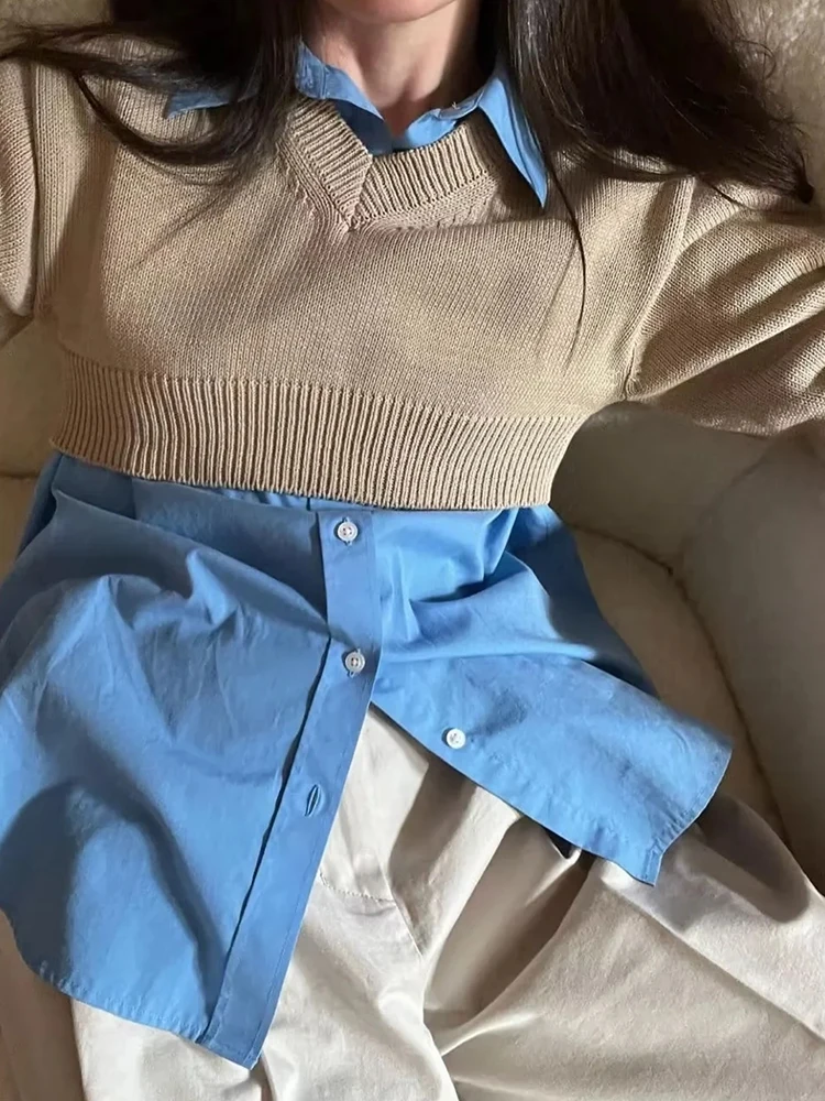 

TRAF Woman Streetwear Knitted V Neck Fashion Long Sleeve Tops Fashion Women Autumn Casual Loose High Street Tops