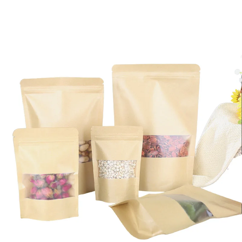 

50 piece packaging zipper lock kraft paper window bag upright gift dry grain seed tea packaging bag zipper self sealing bag